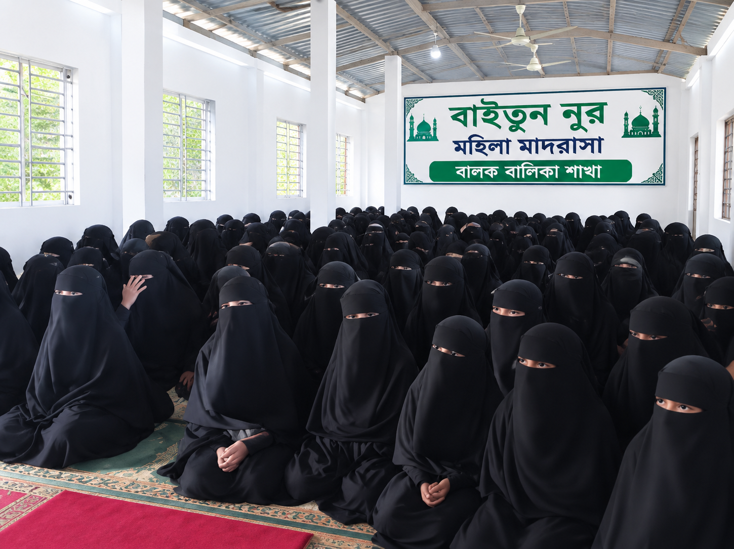 Students gathered in the girls' madrasha hall